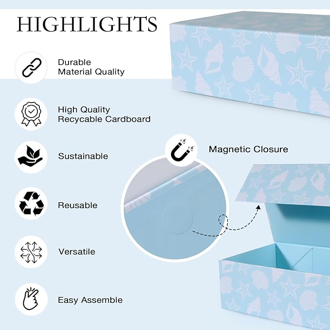 Blue Ocean Theme Gift Box with Magnetic Lids 13.8x8.3x4.4 in, Large Bridesmaid Proposal Boxes, Rectangle Wedding Decorative Storage Box 1 Pack