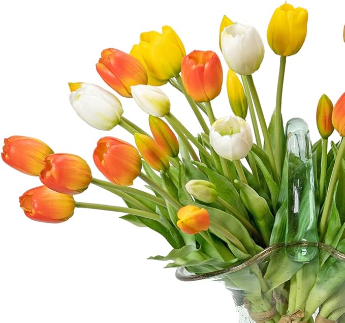 40pcs Artificial Tulips Flowers, Real Touch Latex Bouquet, Fake Tulips for Office Wedding Party Home Kitchen Garden Decoration(Orange Suit 40pcs)