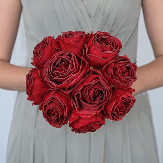 IPOPU Red Roses Artificial Flowers 25pcs Dark Red Silk Bulk Flower Heads Vingtage Dried Fake Flowers Artificial for Decoration Bridal Bouquets for Wedding Centerpiece Flower Wall Decor (Dark Red)
