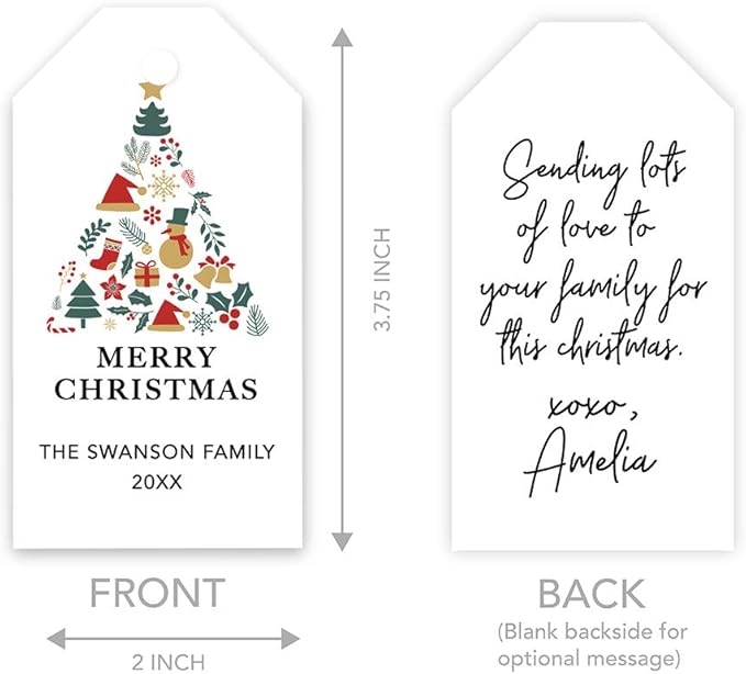 Andaz Press Personalized Christmas Holiday Season Classic Gift Tags, Merry Christmas Custom Family Name and Year, Christmas Tree Elements Design, for Holiday Events, Parties, and Favors, 60-Pack