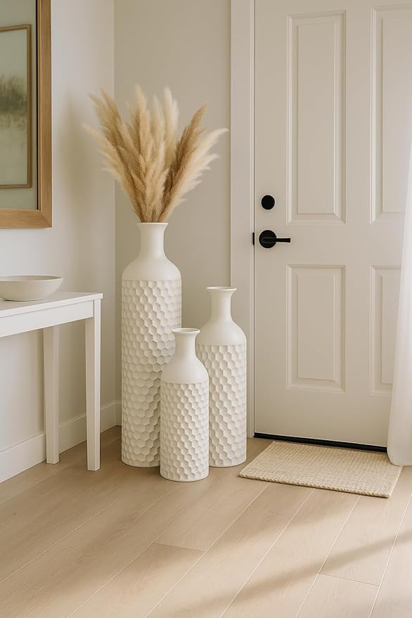 Leewadee Set of 3 Large Floor Vases – Decorative Tall Metal Vases in White (27/20/16 inches) – Elegant Home Decor for Stylish Interiors