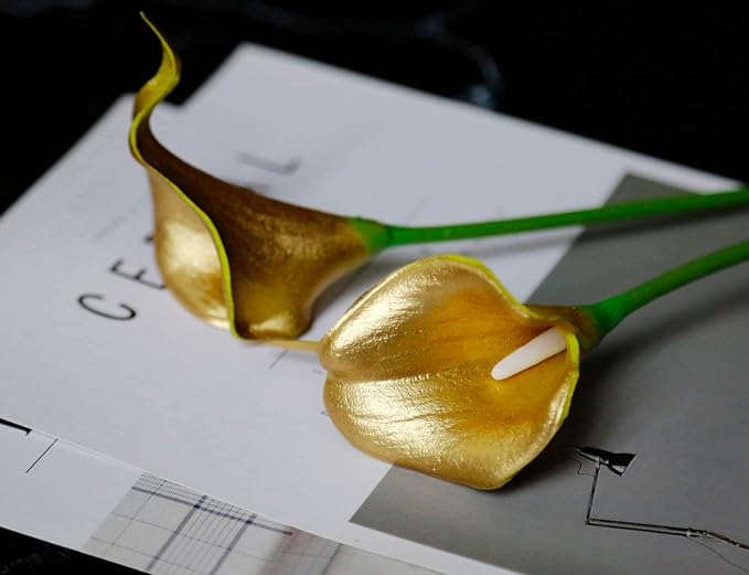 DuHouse 20Pcs Artificial Calla Lily Flower Real Touch Latex Flowers for DIY Wedding Bouquet Party Home Decor (18k Gold)