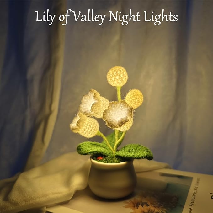 Lily of The Valley Lamp, Crochet Artificial Flower with 5 Little Night Lights, Cute Gifts for Women Wife Girlfriend Birthday Christmas Valentine Mother's Day -Small