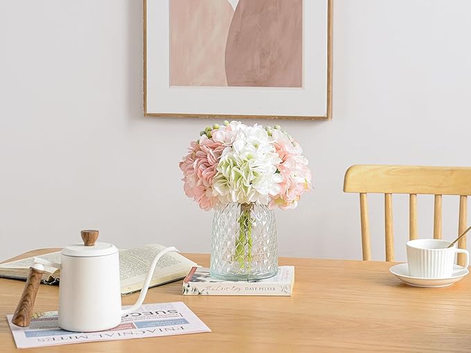Wracra Hydrangeas Floral Arrangement in Glass Vase, Fake Flowers Silk Hydrangea Artificial Flowers with Vase for Home Office Decoration, Dining Table Centerpiece(Pink)