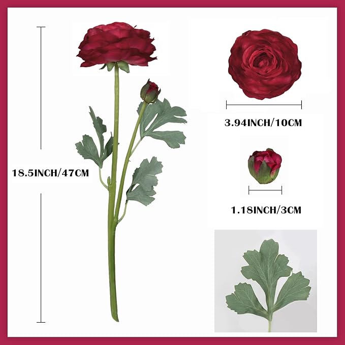 Dark Red Ranunculus Artificial Flowers 6PCS Real Touch Ranunculus Flowers Fake Peonies Artificial Flowers for DIY Wedding Bouquet Party Table Home Decor(Dark Red)