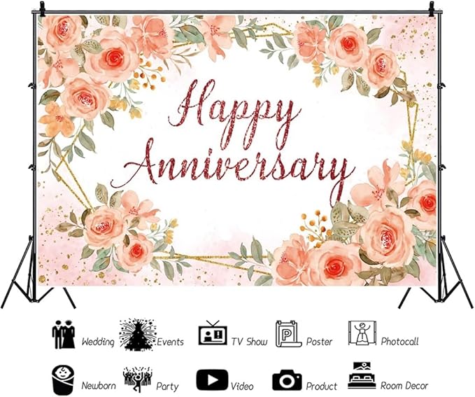 Leyiyi 7x5ft Happy Anniversary Backdrop Watercolor Pink Floral Rose Green Leaves Gold Dots Glitter Photography Background Cheers to Wedding Anniversary Bridal Shower Party Decorations Photo Props
