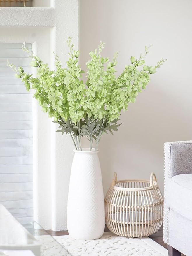 8PCS Delphinium Artificial Flowers Larkspur Fake Green Flowers 33.5in Long Stem Faux Silk Flowers for Tall Vases for Home Wedding Floral Arrangement Centerpiece Table Decorations (Light Green)
