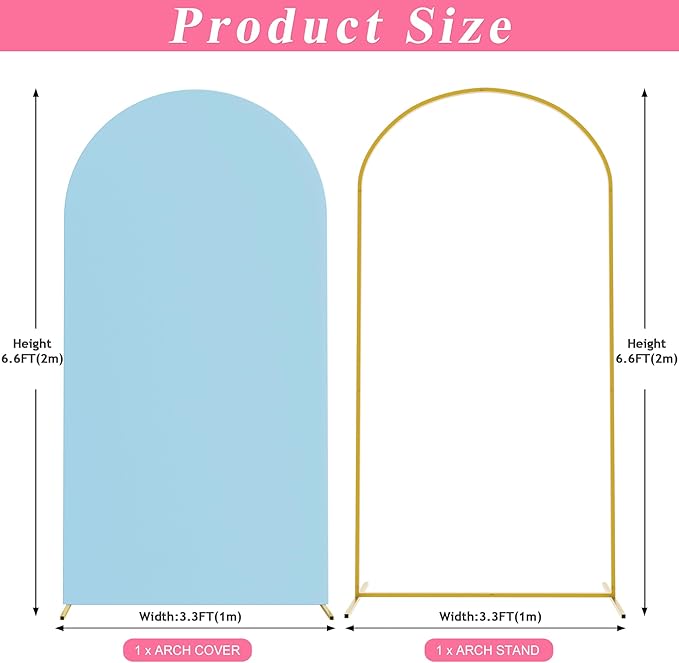 Putros 6.6ft Metal Arch Stand with Cover Dusty Blue Spandex Fitted Wedding Arch Cover and Round Top Chiara Backdrop Stand Set for Birthday Party Baby Shower Decoration