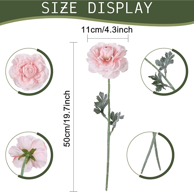6Pcs Pink Ranunculus Artificial Flowers 19.7’’ Realistic Faux Peonies Silk Fake Flowers for Vase Table Centerpiece Home Wedding Party Garden Decoration(Pink)