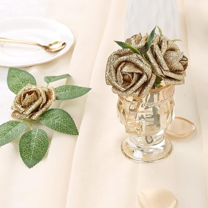 IPOPU Glitter Roses,25PCS Gold Roses Artificial Flowers Fake Rose with Stem for DIY Wedding Bridal Bouquet Home Party Decoration(Gold)