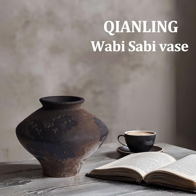 Wabi Sabi Rusty Vintage Vase, 6.3" Tall Wabi Sabi Decor Rustic Farmhouse Pottery Vase for Centerpiece, Textured Pottery Flower Vases for Home Decorative, Table, Living Room, Bedroom, Bathroom, Kitchen