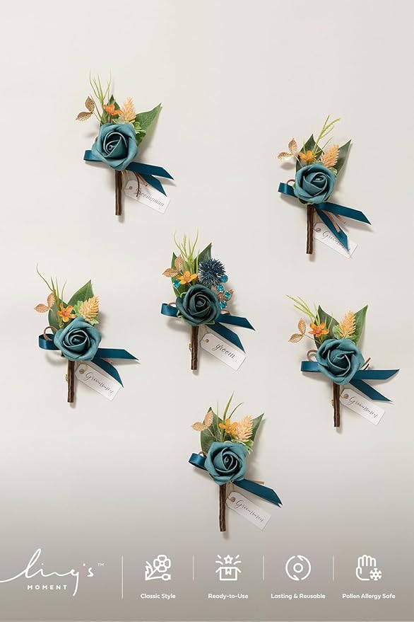 Ling's moment Boutonniere for Men, 6pcs Groom Groomsmen Boutonniere, Artificial Flowers for Wedding Decor/Prom/Homecoming, etc.Dark Teal Burnt Orange