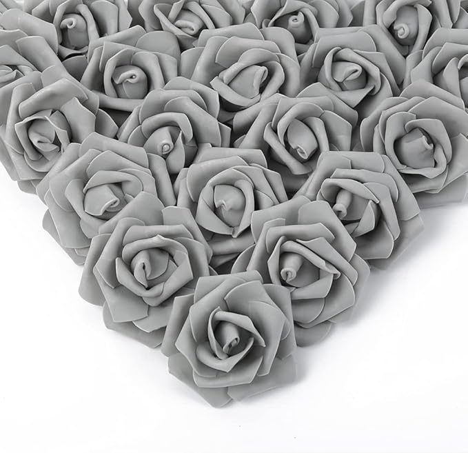 IPOPU Artificial Rose Flower Heads, 100 Pcs Real Looking Silver Gray Foam Fake Roses for DIY Wedding Baby Shower Centerpieces Arrangements Party Tables Home Decorations (Silver Gray, Stemless)