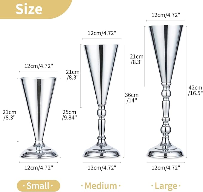 10 Pcs Tabletop Metal Wedding Flower Trumpet Vase, 9.8 inch Table Decorative Centerpiece Artificial Flower Arrangements for Anniversary Ceremony Party Birthday Event Aisle Home Decoration, Silver