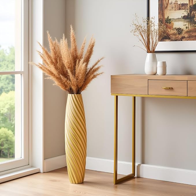 Tall Floor Vase, 23.6 inches Tall Vases Sturdy, Luxury, Textured for Decorative Branches Dried Flowers, Floor Vase for Rustic, Living Room, Shelf Decor (Gold)