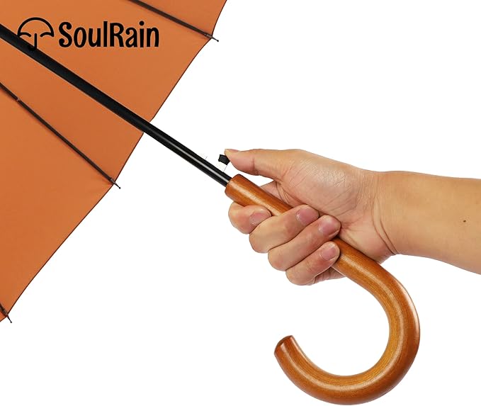 SoulRain 16 Ribs 48" Stick Umbrella Auto Open Solid Color Fashionable and Simple，Arc Classic Wood Handle，Windproof Unbreakable Stick Rain Umbrella