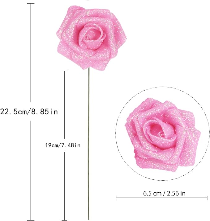 IPOPU Pink Glitter Roses,25PCS Fake Roses Sparkle Roses Bouquet Roses Artificial Flowers with Stems for Cake Wedding Bouquet Home Party Decoration(Dark Pink)