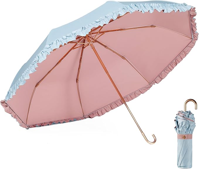 LCY Floral Edge Compact Umbrella Folding Anti-UV Parasol with Hook Handle Sunproof Rainproof & Windproof Umbrella