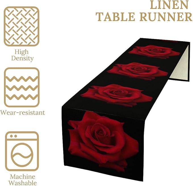 Red Rose Table Runner,Romantic Flower Black Table Runner for Indoor Outdoor Holiday Home Wedding Party 13x60 Inch