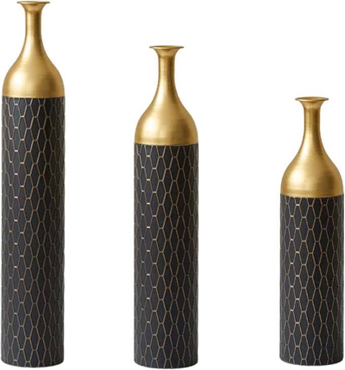 Metal Floor Vases Decorative Tall, Set of 3 Flower Arrangement Stand, Gold＆Black Metal Floor Vases for Living Room Corner, Entryway & Bedroom, 34", 30", 24.8" H (Gold＆Black)