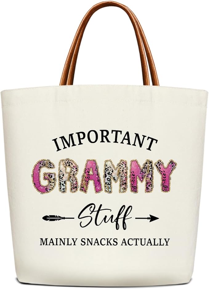Canvas Tote Bag for Women, Important Stuff Bag with Leather Handle, Reusable Grocery Bags for Shopping Beach Travel
