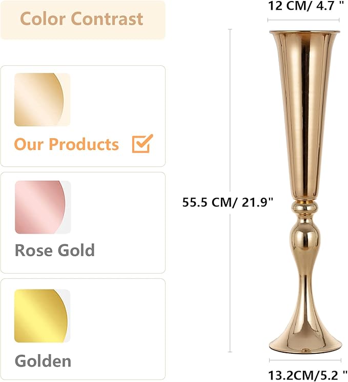 Gold Centerpieces for Table Wedding Vase - 2 Pcs 21.9" Tall Versatile Metal Trumpet Vase Tabletop Flower Stand for Party Dinner Anniversary Ceremony Centerpiece Event