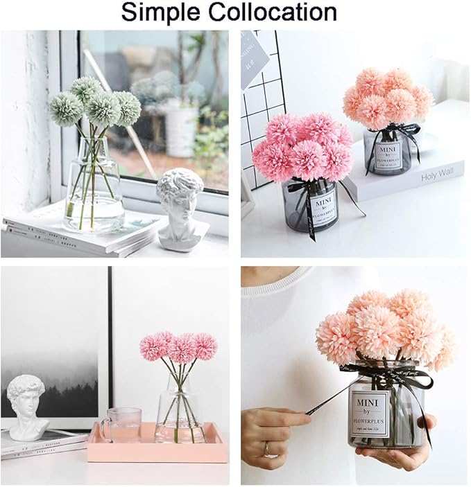 10Pcs Artificial Fake Flower Plants Silk Chrysanthemum Ball Hydrangea Arrangements Wedding Bouquets Decor Home Kitchen Garden Party Table Floral Centerpieces DIY (Grey Purple)