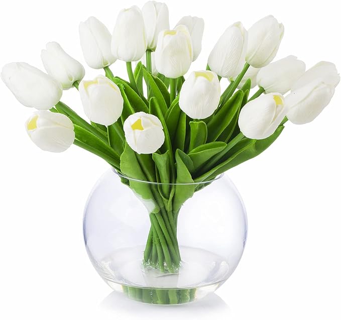 ENOVA FLORAL 20 PCS White Tulips Artificial Flowers with Vase, Real Touch Tulips Floral Arrangements in Vase, Fake Flowers in Vase for Home Office Decor (White)