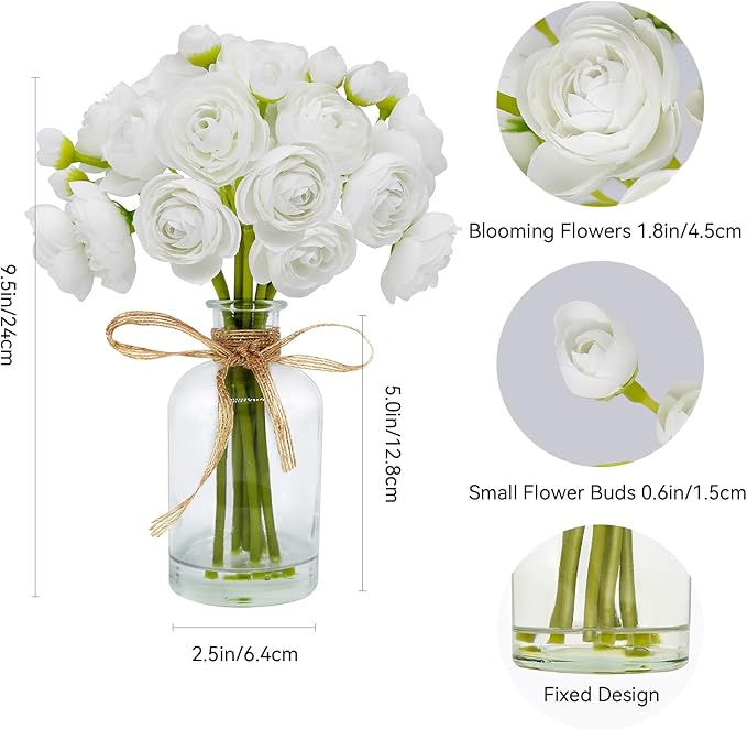 Ranunculus Artificial Flowers with Vase, 8 Pcs Faux Silk Ranunculus Flower in Vase, Small Flower Arrangements for Home Decor Indoor, Table Centerpiece. (White)