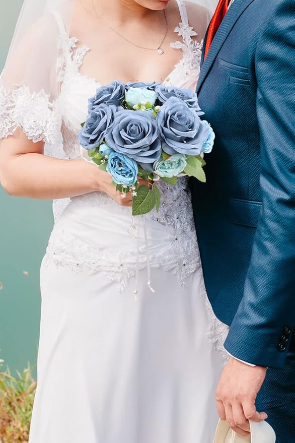 Artificial Rose Flower Dusty Blue Flowers Dusty Blue Roses Silk Flowers 30 pcs with Long Stem Silk Roses Bouquet for Wedding Bridal Shower Party Home Decoration