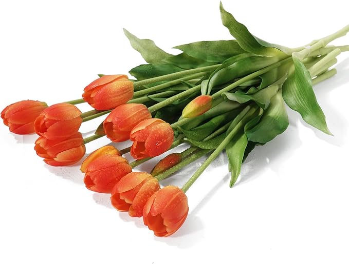 15Pcs Fake Tulips Artificial Flowers Real Touch Latex Bouquet Faux Tulips for Centerpiece Arrangements Wedding Party Home Décor (Orange)