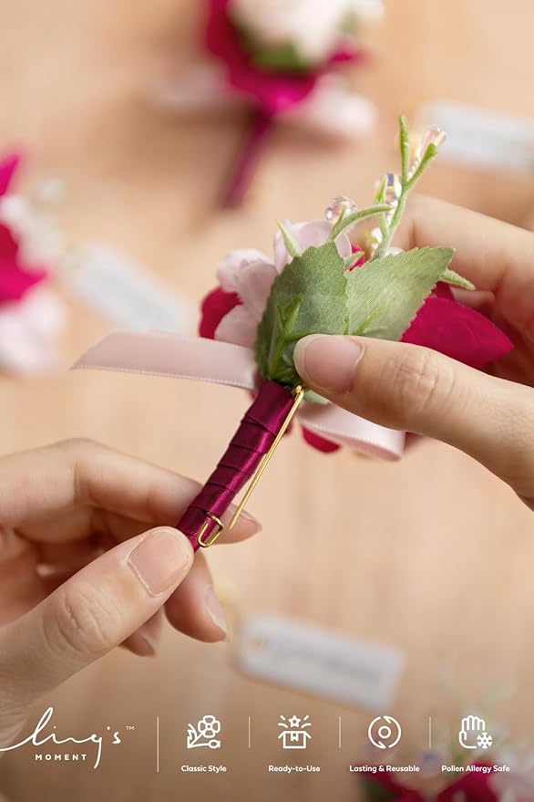 Ling's moment Boutonniere for Men, 6pcs Groom Groomsmen Boutonniere, Artificial Flowers for Wedding Decor/Prom/Homecoming, etc.Blush Hot Pink