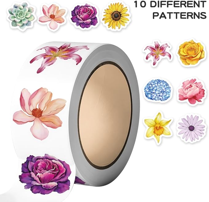 500PCS Flower Stickers Roll 10 Styles Envelope Seals Sticker for Aesthetic Flower Decals for Adults Aesthetic Stickers for Scrapbooks Water Bottle Gift Boxes Party Decorations(500 Per Roll)