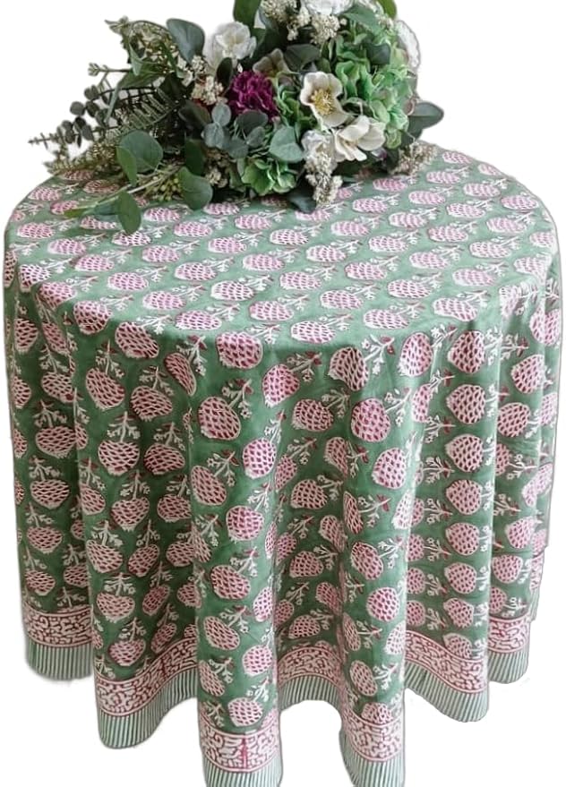 ATOSII Roma Green 100% Cotton Round Tablecloth, Handblock Print Floral Table Cloth for Kitchen Dining Linen I Parties, Weddings, Outdoors, Spring Summer Decor I 72" Inches Round