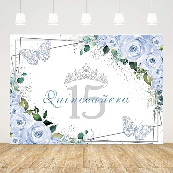 SENDY 7x5ft Quinceañera Backdrop Mis Quince 15 Anos Birthday Party Decoration Supplies for Girl Princess Blue Floral Butterfly Silver Crown Photography Background Banner Photo Booth Studio Props