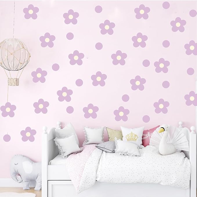 Daisy Flowers Wall Stickers – 180 Pcs Peel & Stick Removable Waterproof Vinyl Floral Wall Art Decals for Bedroom, Nursery & Playroom | A Simple Peel Brings Cheerful Pastel Charm (Soft Purple)