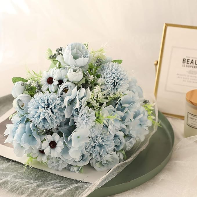 Nubry 3pcs Artificial Flowers Bouquet Fake Peony Silk Hydrangea Wildflowers Arrangements with Stems for Wedding Home Centerpieces Decor (Light Blue)