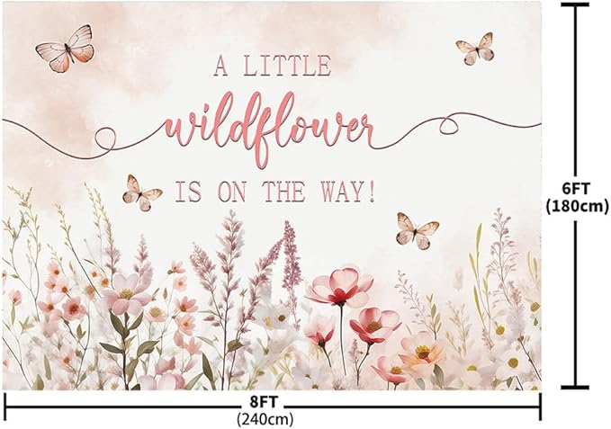 MEHOFOND 8x6ft Baby Shower Backdrop Pink Watercolor A Little Wildflower is On The Way Baby Shower Party Decorations Butterfly Theme Girl Banner Photography Background Props