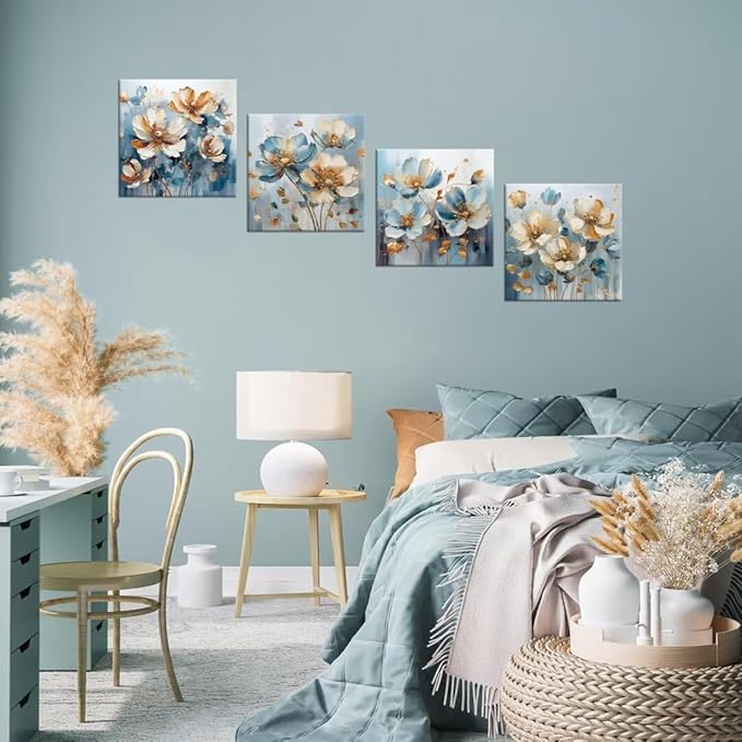 Pankila White Flower Wall Art Floral Pictures Blue and White Canvas Flowers Wall Decor Life Poster for Living Room Bedroom Bathroom Home Decorations Framed Artwork Ready to Hang (20''W x 20''H x 4)