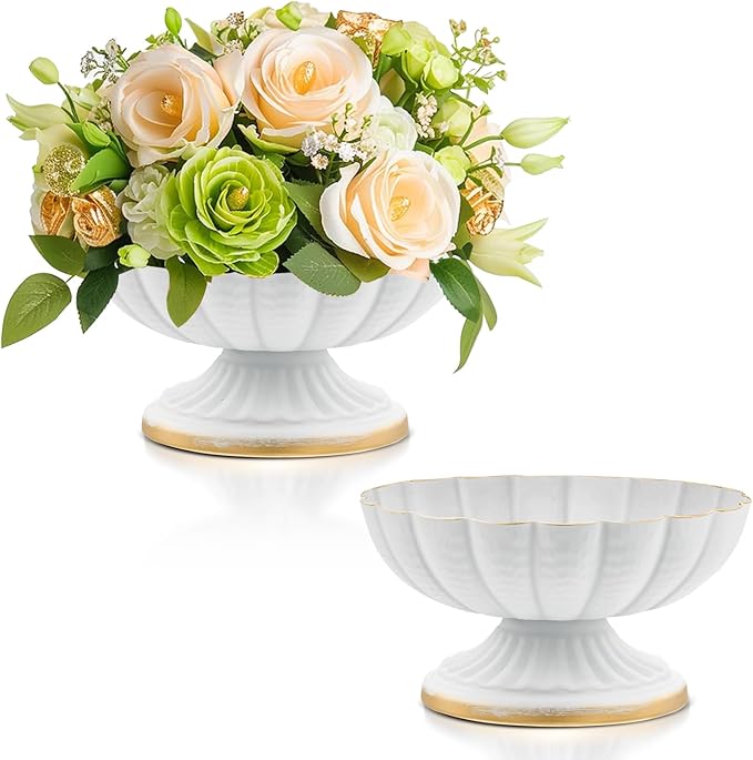 White Flower Vases for Centerpieces: Vintage Compote Bowl Vase for Wedding 4 Inch Small Pedestal Vase for Party White Centerpieces for Table Metal Urn for Event Home Decor Set of 2