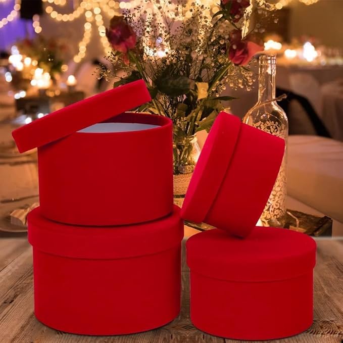 GnFlus Red Gift Boxes with Lids for Presents Set of 4 Round Velvet Nesting Christmas Gifts Box for Arrangements Flowers Wedding Birthday Valentines Bridesmaid Party Anniversary