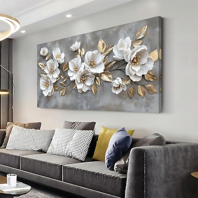 LAVIKARS Modern Gray Flowers Wall Art for Living Room Office White and Golden Floral Landscape Canvas Painting Prints Large Delicate Petals Artwork Kitchen Home Bedroom Decor (20x40 Inches)