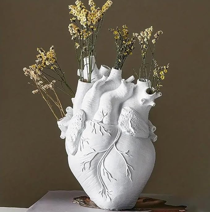 Heart Vase, Gothic Anatomical Resin Flower Pot Desktop, Human Heart Organ Shape for Dried Flower Arrangement on The Dining Table、Desktop Living Room Decoration (White)