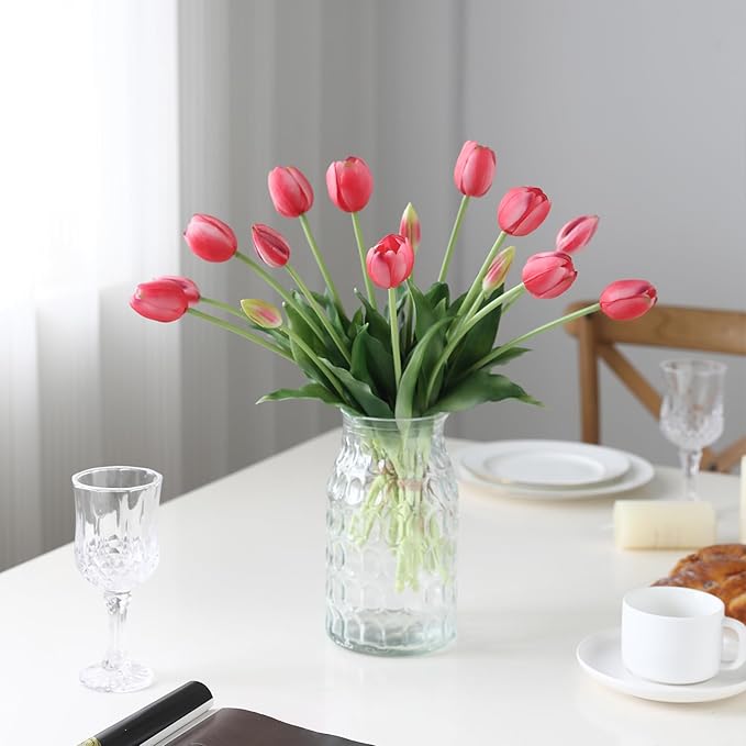 15 Pcs Deep Pink Artificial Flowers Tulips Real Touch Latex Plastic Soft Faux Bouquets for Party, Wedding, Home, Room, Garden Decor
