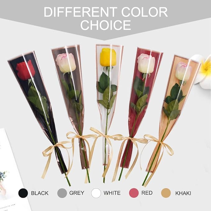 BEISHIDA 50 PCS Single Rose Sleeve Bouquet Bags Plastic Single Flower Wrapping Rose Packaging For Father's Day Graduation Wedding Birthday Valentine's Day Party (White with Champagne Edging)