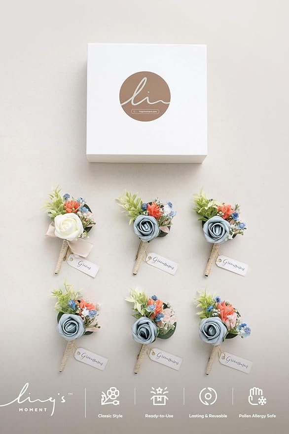Ling's moment Boutonniere for Men, 6pcs Groom Groomsmen Boutonniere, Artificial Flowers for Wedding Decor/Prom/Homecoming, etc.Dusty Blue Cream