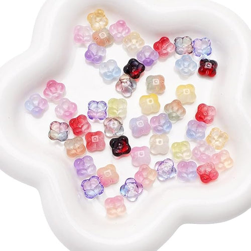 100PCS Glass Flower Beads for Jewelry Making 4 Petal Flower Bead Caps Gradient Cute Floral Beads Aesthetic Charms for Necklace Bracelets Earrings DIY Craft Home Decoration-Colorful