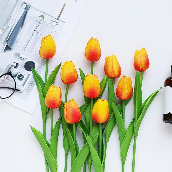 30 Pcs Fake Latex Tulips Artificial Flowers Faux Tulip Stems Real Touch Tulips for Wedding Party Home Decoration (Sunset)