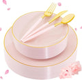 Liacere 150PCS Plastic Plates-Gold Plastic Silverware with Pink Handle - Pink Disposable Plates Include 30 Guests Plates, Forks, Spoons, Knives for Wedding＆Easter Day＆Mother's Day＆Valentine's Day