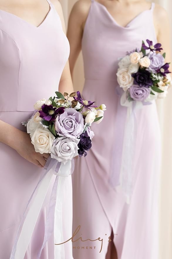 Ling's Moment Artificial Flowers Purple Bridesmaid Bouquet Set of 4, Lilac and Gold Wedding Flowers Bouquets for Bridesmaids, 7 Inch Bridal Bouquets for Bridesmaids, Wedding, Ceremony, Anniversary, et